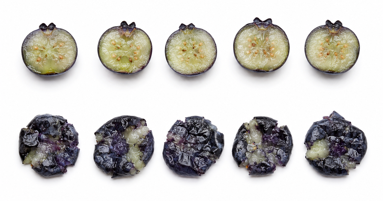 Blueberries halved and squashed flat