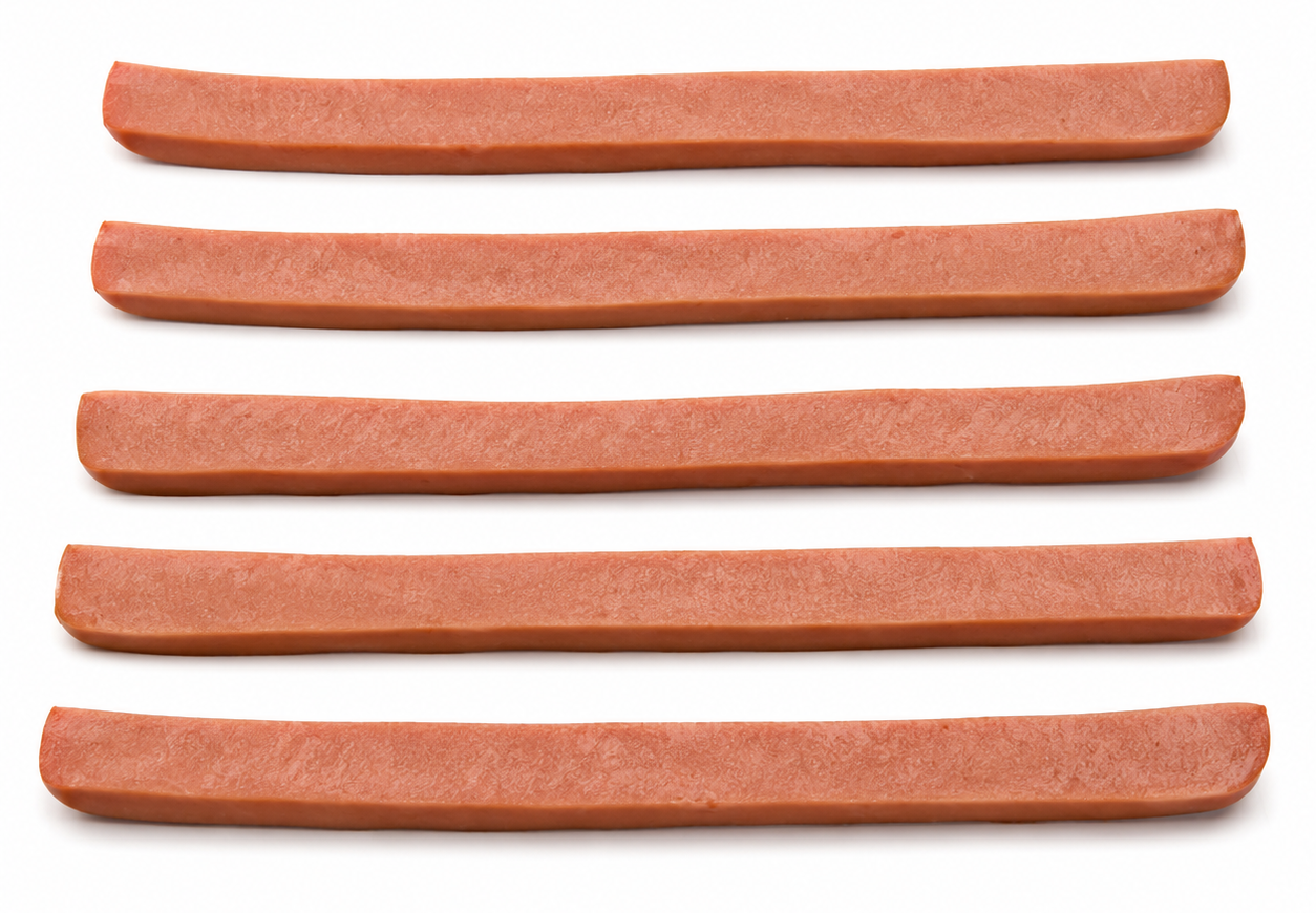 A hot dog sliced lengthwise into long thin strips