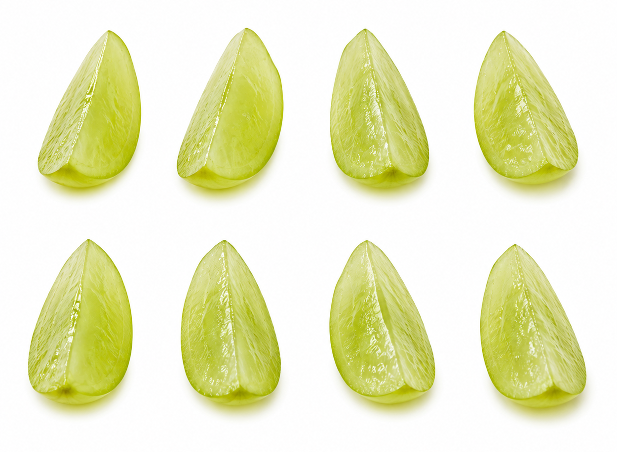 Grapes cut into long lengthwise quarters